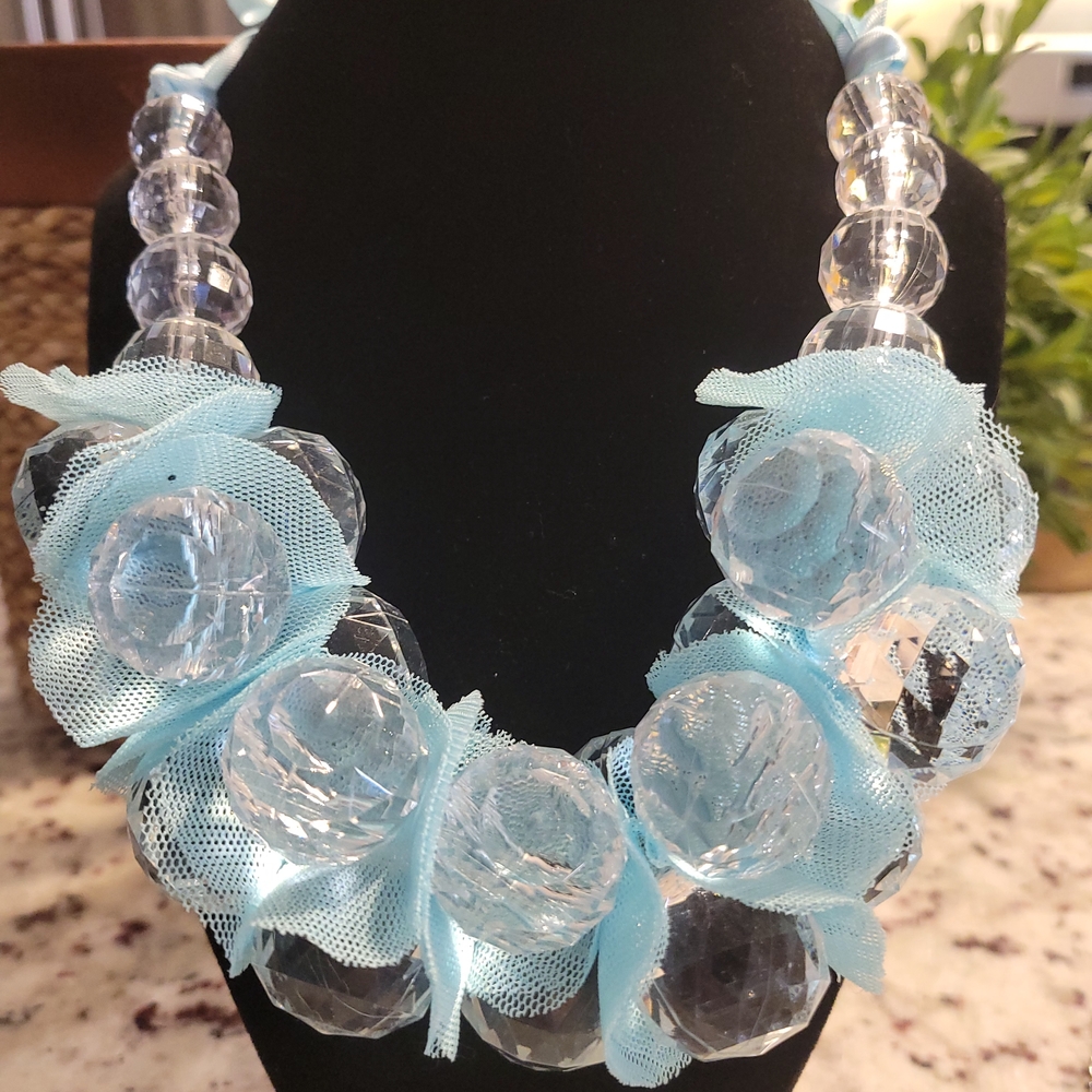 Blue Bead and Tulle Necklace
